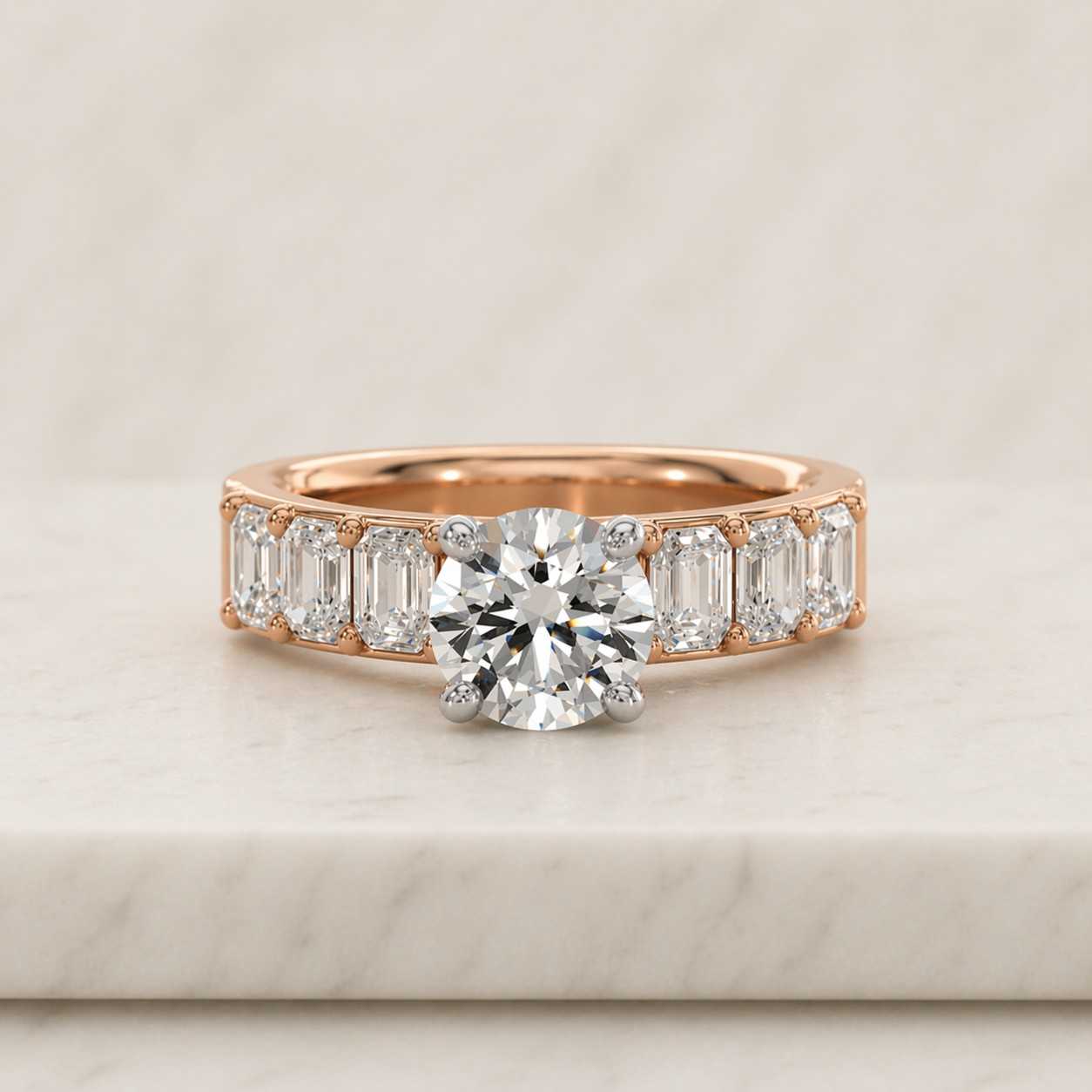 Solid Gold Round Cut Moissanite Engagement Ring, Half Pave & Hidden Halo Solitaire Ring, RS-0804-A1-G
