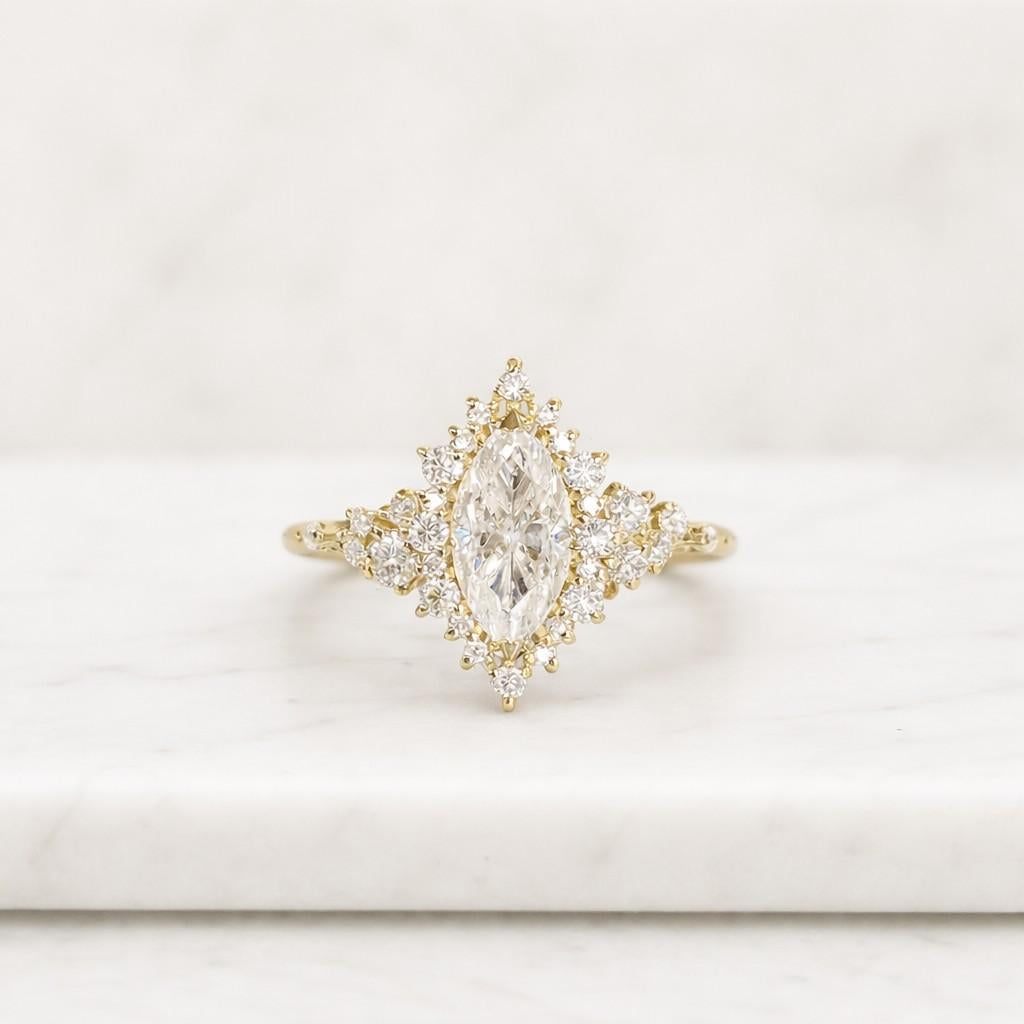 1Ct Marquise Moissanite engagement ring, cluster halo marquise moissanite diamond engagement ring, flower halo ring For Her, Moissanite Ring
