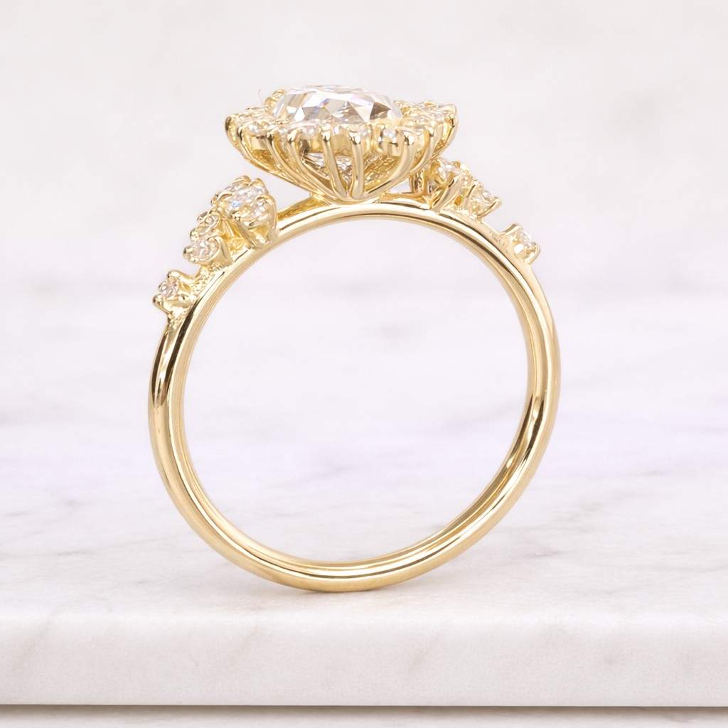 vintage-inspired princess-cut diamond halo ring | 14k gold marquise statement engagement heirloom
