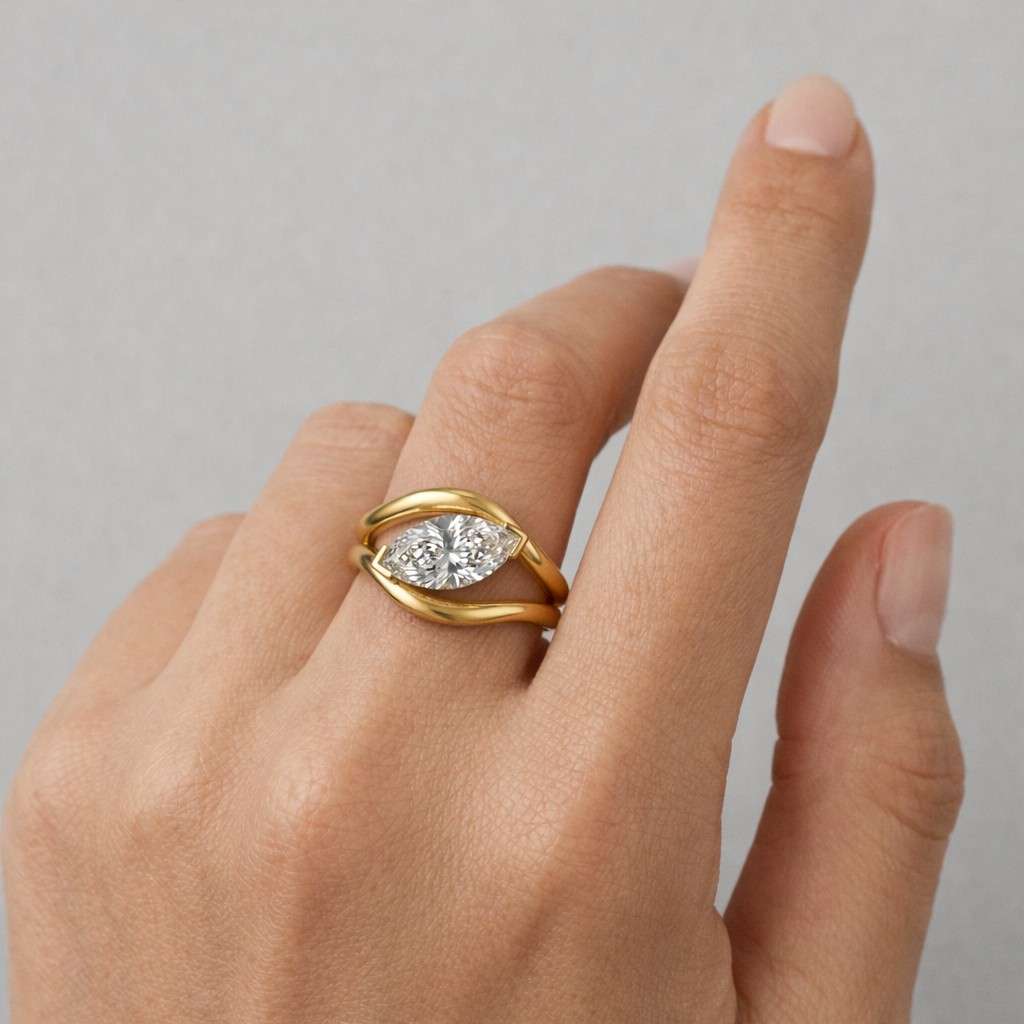 marquise diamond open bypass ring 14k gold | lab grown solitaire engagement ring | modern minimalist wrap ring gift for her
