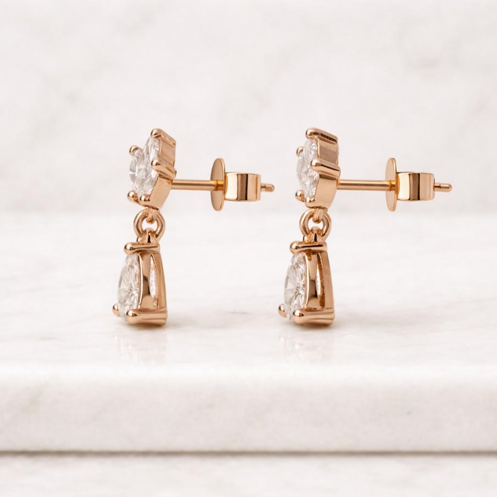 pear and marquise cut moissanite dangle drop earrings, white gold wedding earrings, teardrop earrings, rain drop dangly, crown charm jewelry
