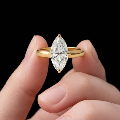 Marquise E Color VVS2 Clarity IGI Certified Marquise Cut Lab Grown Diamond Solitaire Engagement Ring with Hidden Halo of Round Diamonds

