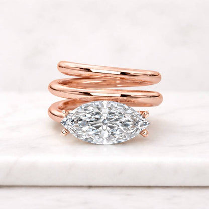 Delicate Solitaire Wedding Ring, 14K Yellow Gold East To West Ring, Marquise Cut Lab Grown Diamond Engagement Ring, Handmade Ring For Women