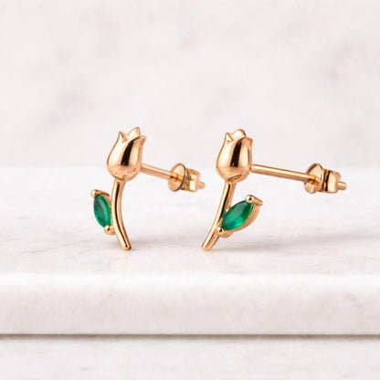 marquise emerald earrings gold stud floral tulip shape minimalist jewelry for women small dainty earrings everyday gold jewelry gift for her green gemstone earrings USA trend