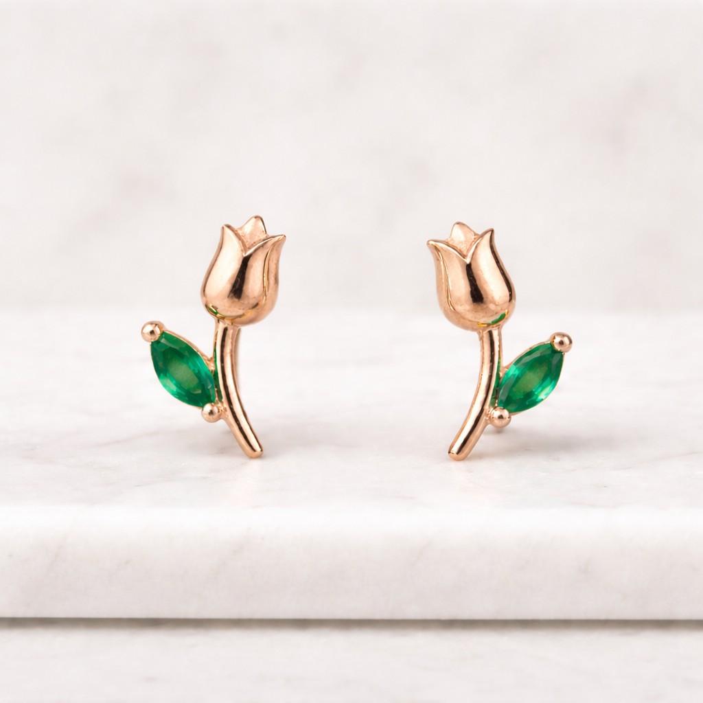 marquise emerald stud earrings for women gold tulip flower earrings minimalist jewelry gift for her dainty emerald gold earrings everyday wear floral stud earrings solid gold fine jewelry USA trending