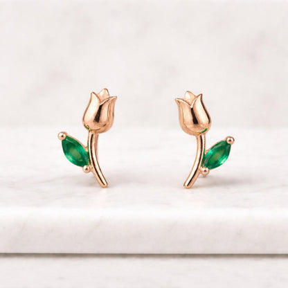 marquise emerald stud earrings for women gold tulip flower earrings minimalist jewelry gift for her dainty emerald gold earrings everyday wear floral stud earrings solid gold fine jewelry USA trending