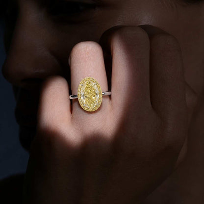 925 Sterling Silver Oval Yellow Stone Halo Ring 10x15mm Pavé Split Shank Statement Ring
