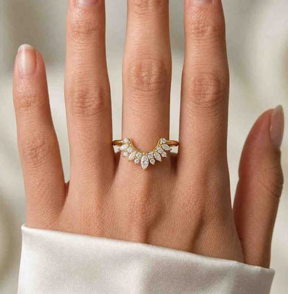 Custom Curved Wedding Band Women Genuine Marquise Lab Grown Diamond Ring Crown Ring for Her Tiara Ring with Engagement Ring Anniversary Gift