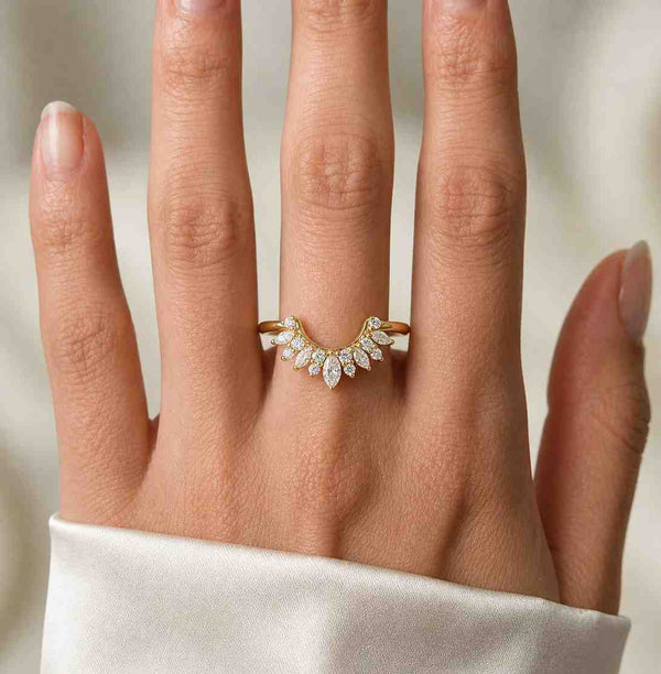 Custom Curved Wedding Band Women Genuine Marquise Lab Grown Diamond Ring Crown Ring for Her Tiara Ring with Engagement Ring Anniversary Gift