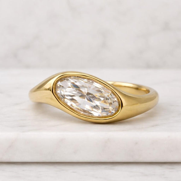 Old Mine Moval Cut Lab Grown Diamond East West Solitaire Ring, Moval Diamond Engagement Ring For Gift, 14k Gold Bezel Set Ring For Wedding
