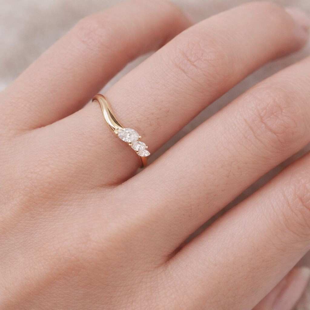 Three Stone Curved Band, Multi Shape Moissanite Diamond Contour Wedding Band Ring, Minimalist Stacking Band For Women, Anniversary Gift Band
