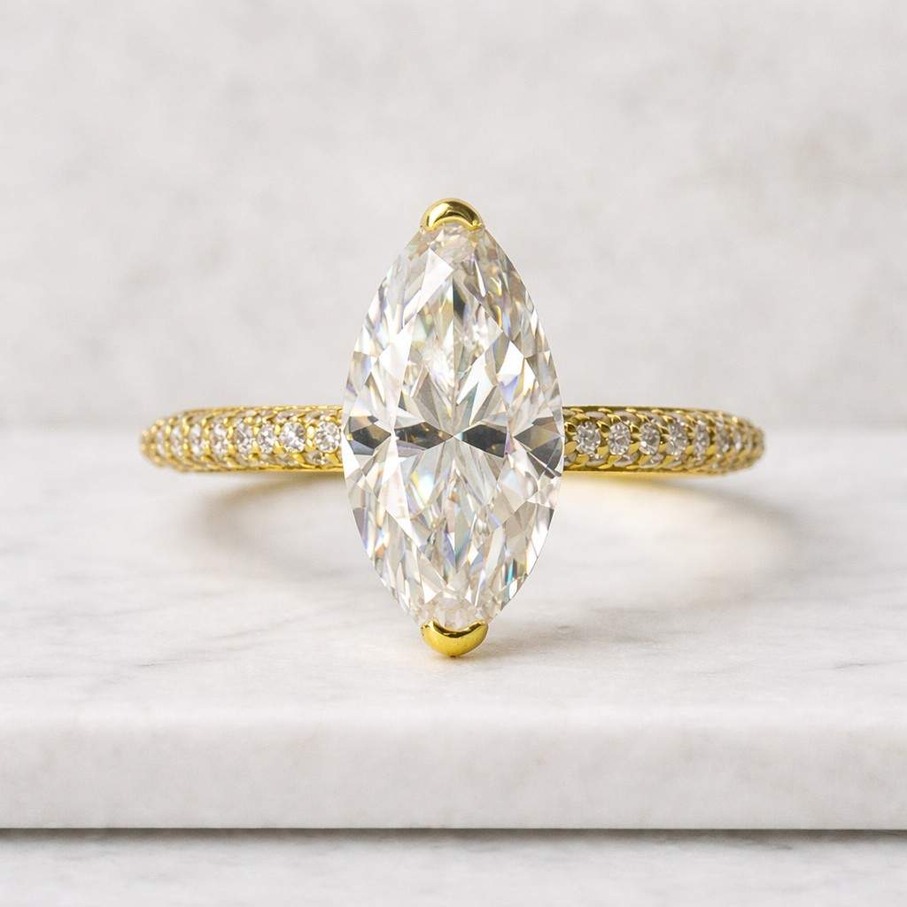 3 ct marquise cut lab grown diamond ring | pave diamond band engagement ring | 14k yellow gold bridal ring | anniversary gift for her
