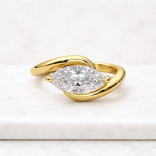 Marquise Lab Grown Diamond Engagement Ring, Bypass Solitaire Gold Ring (IGI Certified)