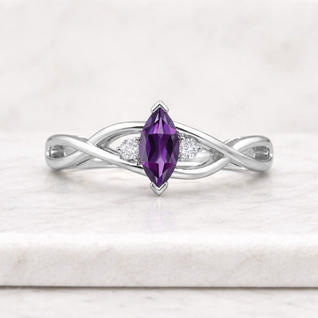 marquise ring purple ring gemstone ring infinity ring twisted band crossover ring promise ring women ring elegant ring fine jewelry silver ring statement ring unique ring