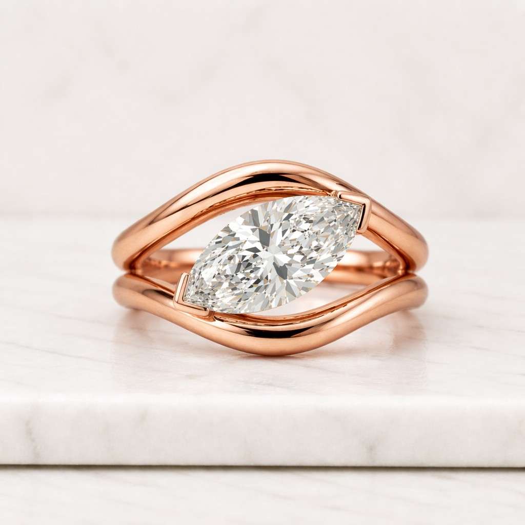 east to west marquise cut moissanite engagement ring, 925 silver bypass shank ring, solitaire ring, modern promise ring for her
