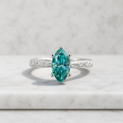 marquise ring teal ring blue green ring solitaire ring statement ring vintage ring engraved band filigree ring floral band ornate ring prong setting fine jewelry women ring