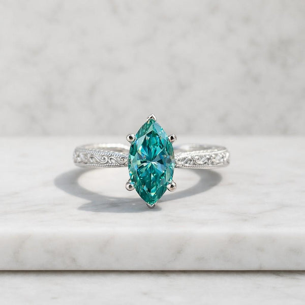 marquise ring teal ring blue green ring solitaire ring statement ring vintage ring engraved band filigree ring floral band ornate ring prong setting fine jewelry women ring