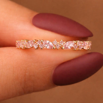 marquise stone ring pink crystal ring curved gemstone ring wedding stack ring contour band ring floral cluster ring pink wedding band nesting band ring
