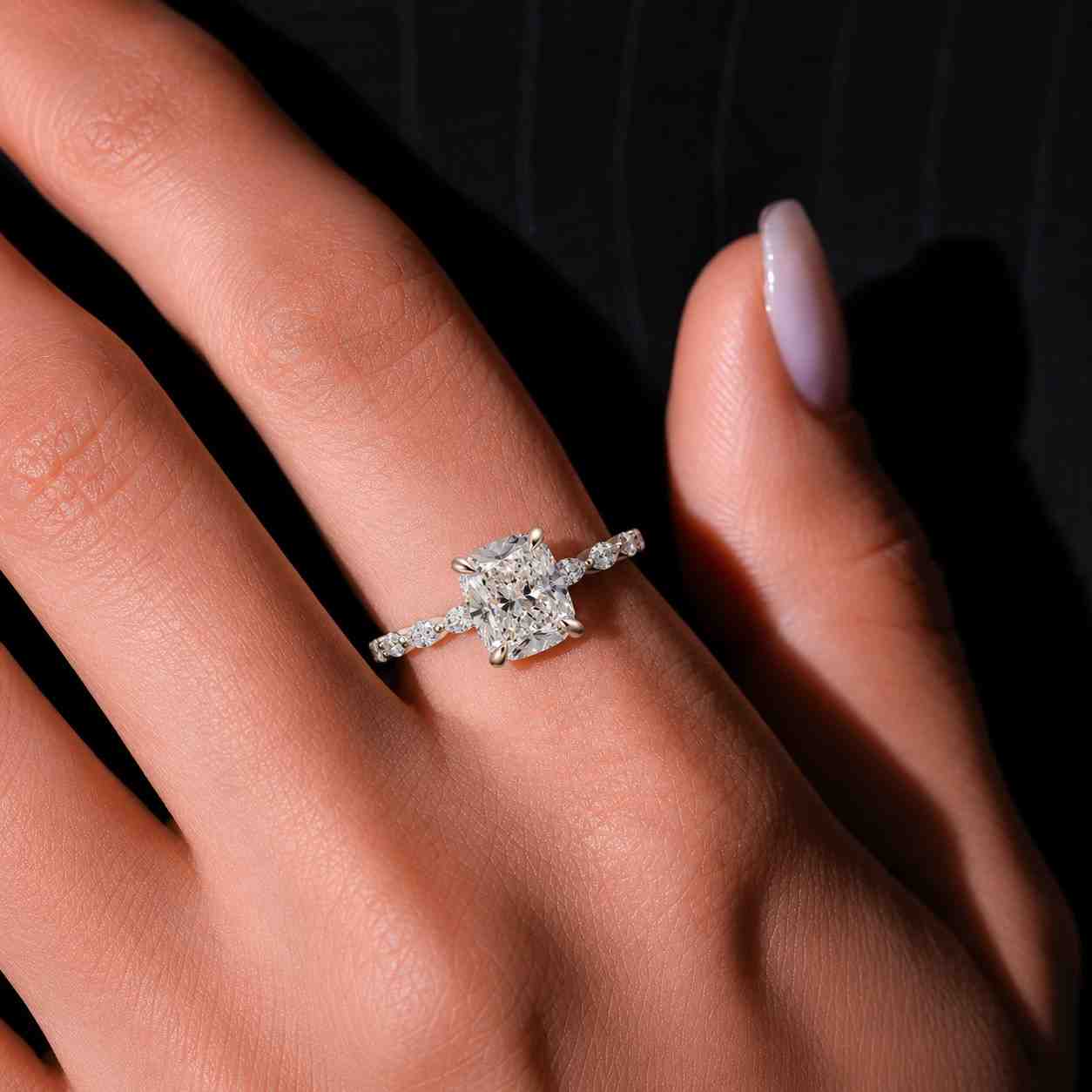 radiant cut lab grown engagement ring | wedding band - radiant cut solitaire ring with round side stones | igi certified | conflict-free
