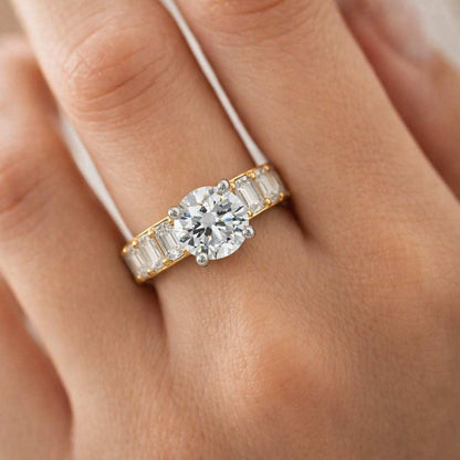 Pave Set Side-Stone Round Moissanite Engagement Ring / 14k Solid Gold Moissanite Ring for Women / 1, 1.5, 2 CT Promise Ring
