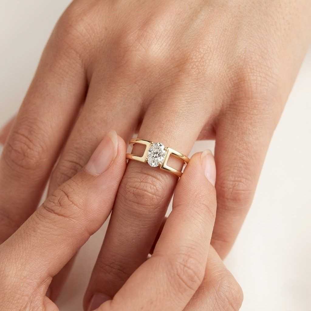 Solid Gold Oval Cut Moissanite Engagement Ring Split Shank, Solitaire Ring
