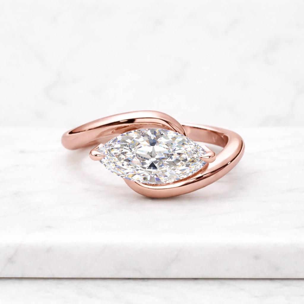 14K Gold Marquise Lab Grown Diamond Engagement Ring, Half Bezel Bypass Solitaire Wedding Ring