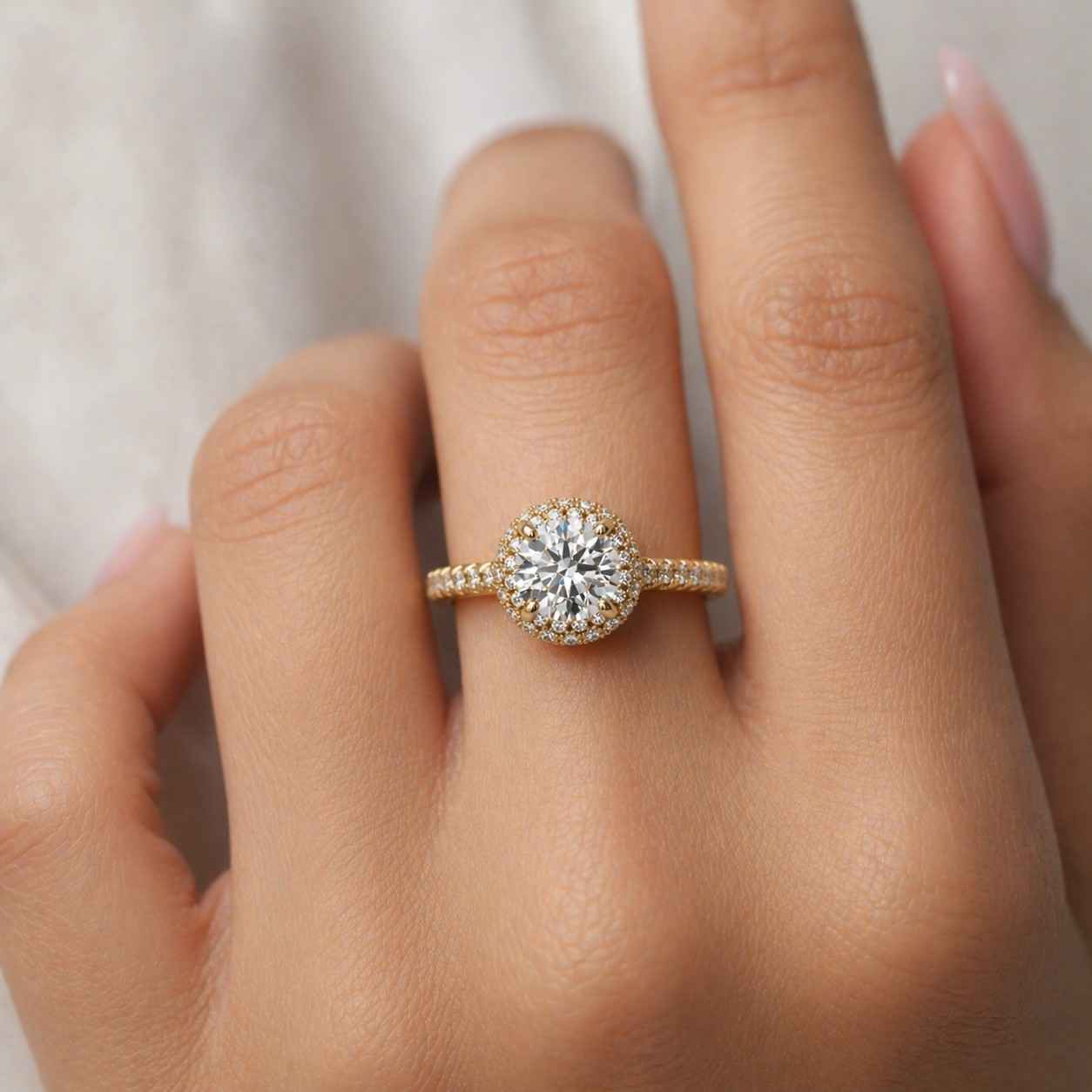 Round Cut Moissanite Double Halo Engagement Ring, Round Diamond Hidden Halo Ring For Her, Solid 14K Gold Pave Set Wedding Ring, Promise Ring