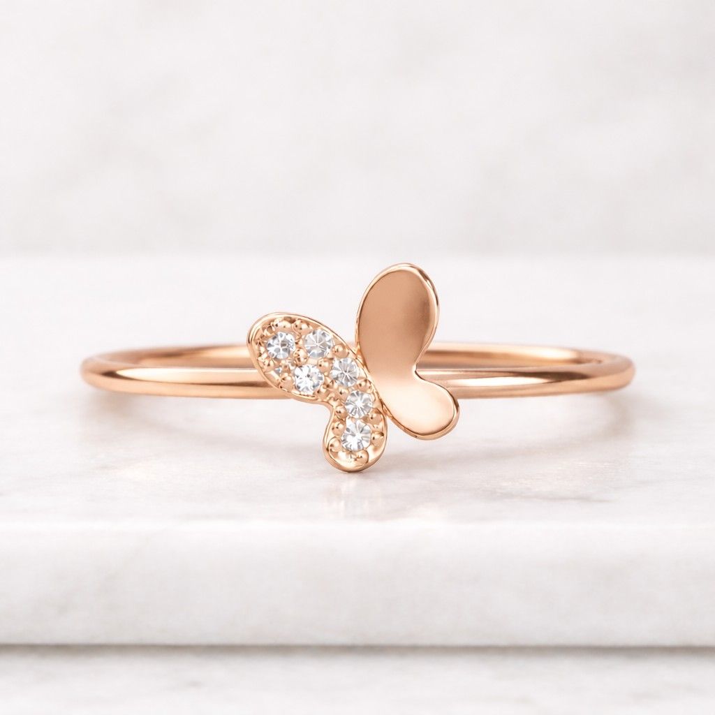 14k yellow gold diamond butterfly ring, lab diamond cvd brilliant-cut diamonds, 0.12ctw, by tilo jewelry

