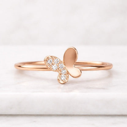 14K Yellow Gold Diamond Butterfly Ring, Lab Diamond CVD Brilliant-Cut Diamonds, 0.12ctw, By TILO Jewelry
