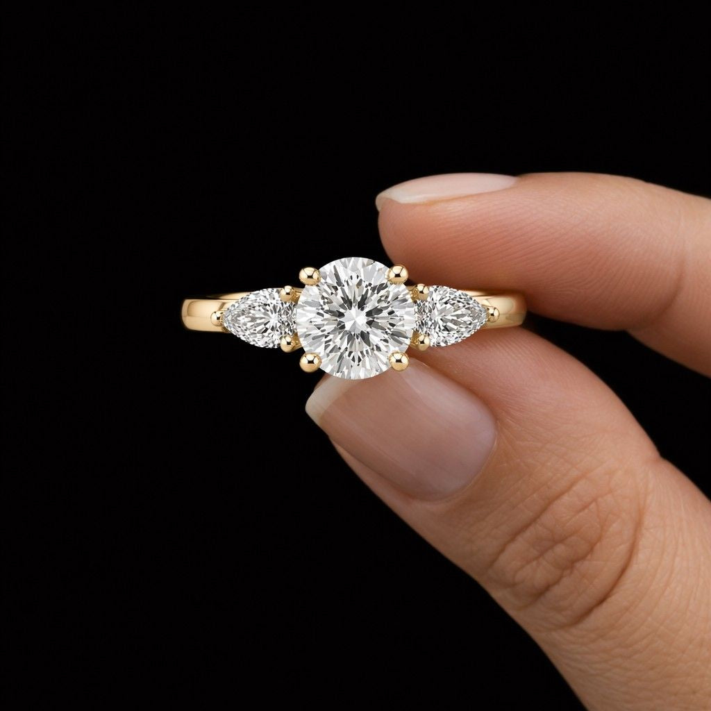 14k Gold Three Stone Moissanite Engagement Ring - 1 CT Round Cut Center Stone, IGL Certified Lab Diamond Option