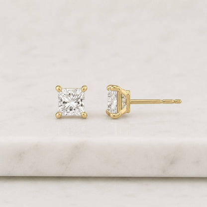 Princess Cut Lab Diamond Solitaire Stud Earrings: 0.50–4.00ctw IGI Certified 4 Fancy Prong Setting 14k Gold Inspired Jewelry, Screw Back
