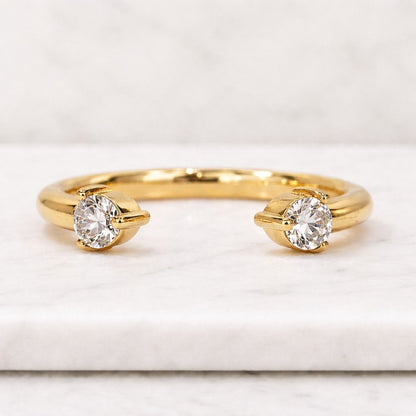 14k Yellow Gold Open Cuff Diamond Ring | Stackable Band, Round Cut Lab-Grown Diamonds
