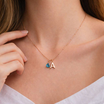 Personalized Initial Necklace with Pear Birthstone Charm, Custom Letter Pendant, Birth Month Jewelry Gift for Her
