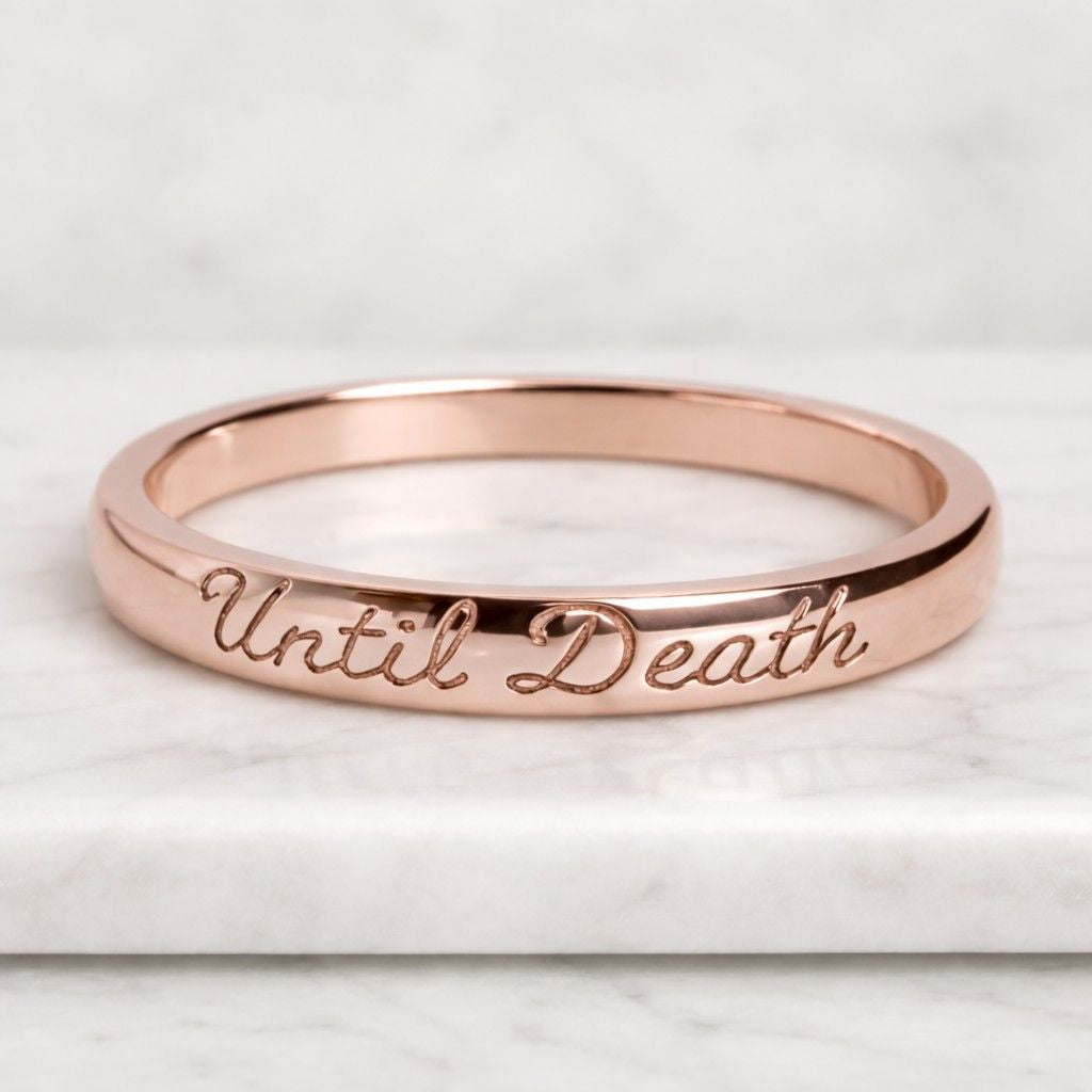 till death diamond ring, gold engraved wedding band, gothic promise ring, anniversary jewelry, alternative engagement ring gift for couples
