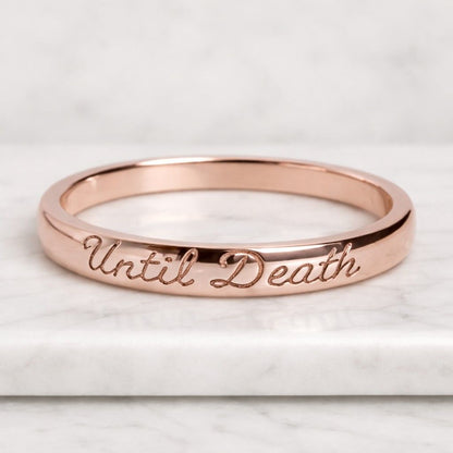 Till Death Diamond Ring, Gold Engraved Wedding Band, Gothic Promise Ring, Anniversary Jewelry, Alternative Engagement Ring Gift for Couples
