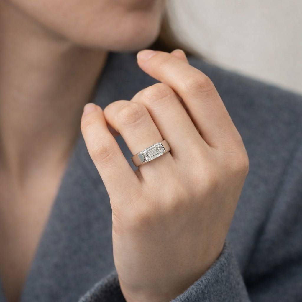 1 ct emerald cut moissanite band, 14k solid yellow gold solitaire, elegant thick flush mount wedding ring, premium valentine proposal gift
