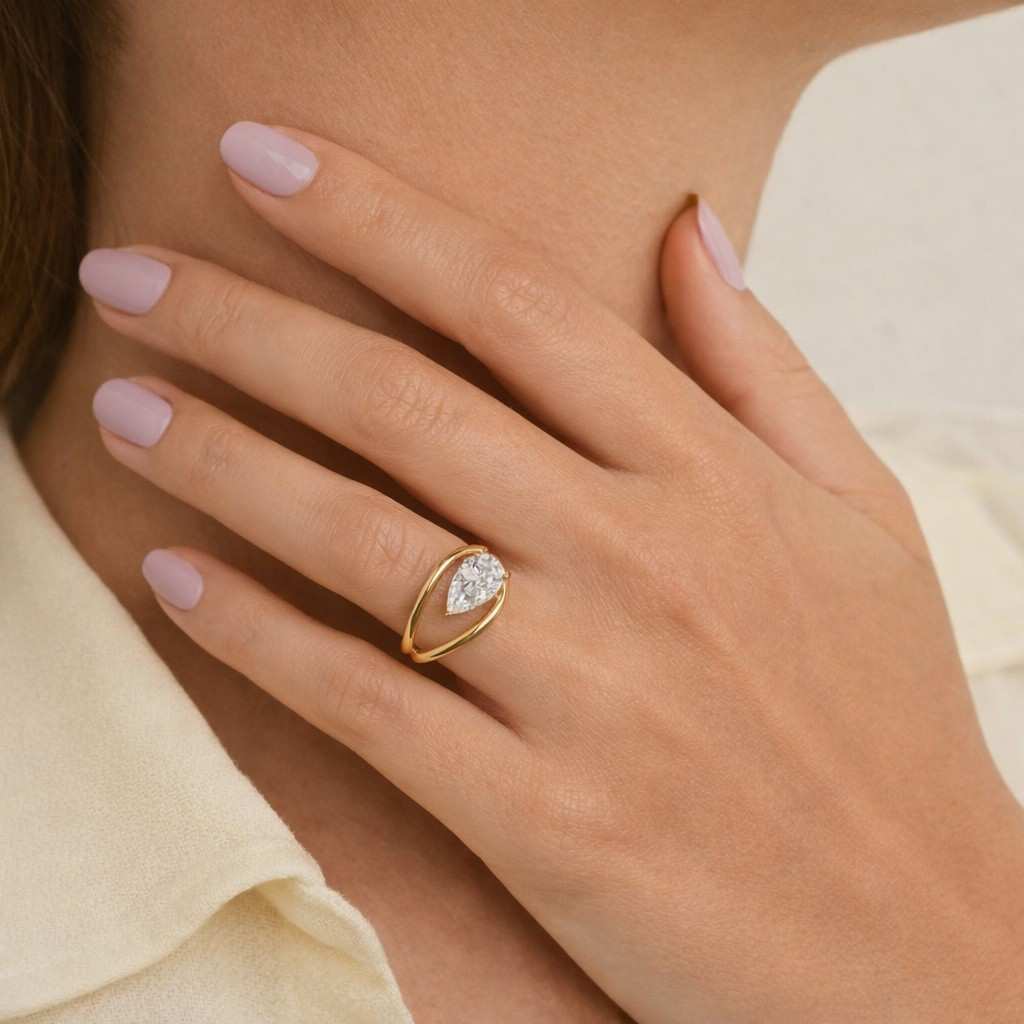 Unique Pear Cut Solitaire Diamond Engagement Ring, East West Moissanite Promise Ring, Over Gold Finish Ring, Handmade Fine Jewelry For Her

