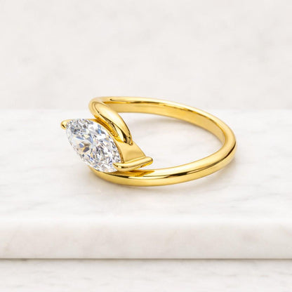 Marquise Cut Solitaire Engagement Ring | Yellow Gold Bypass Bridal Jewelry