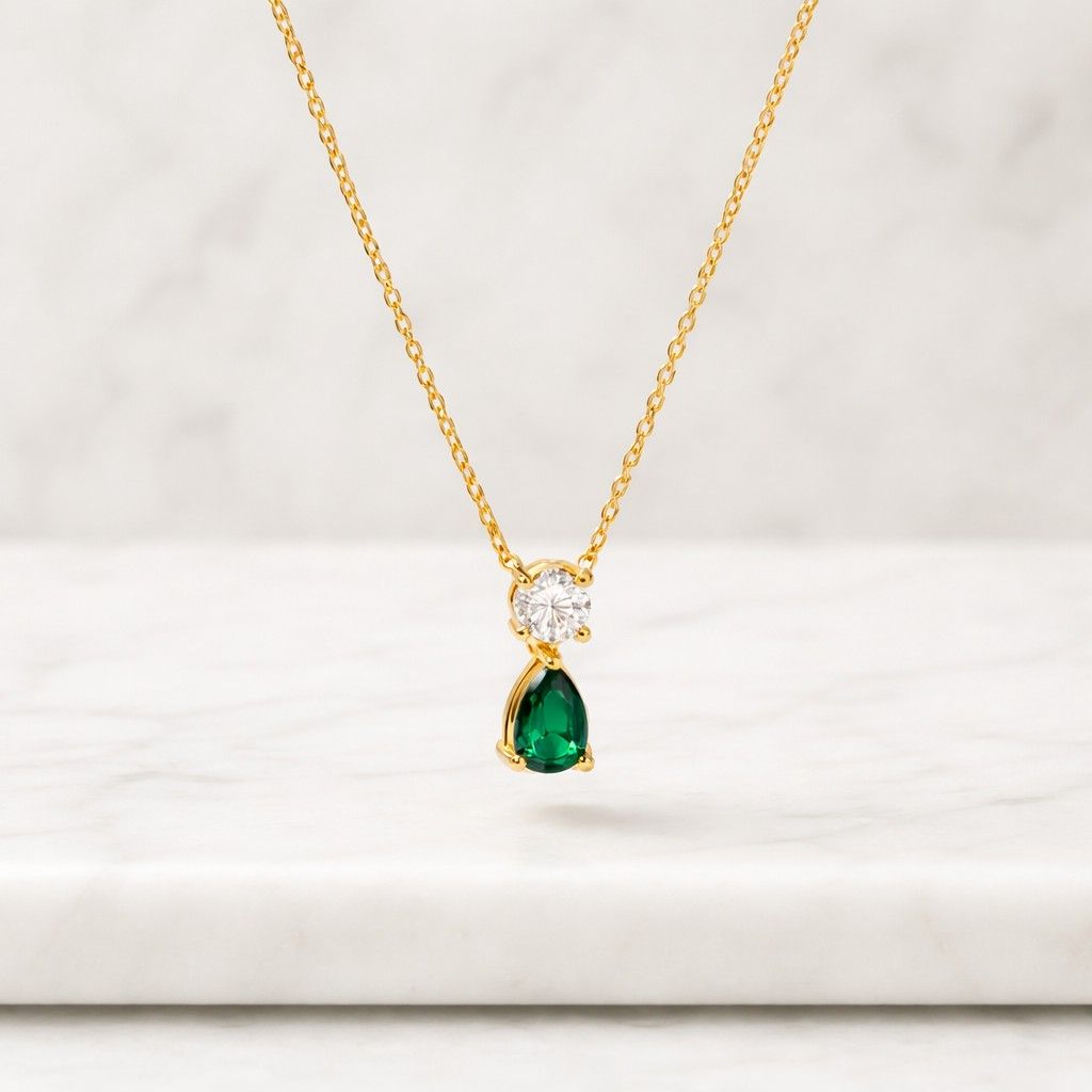 Two Stone Pear Diamond Necklace, Emerald Green & White Lab Diamond Pendant