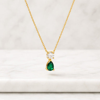 Two Stone Pear Diamond Necklace, Emerald Green & White Lab Diamond Pendant