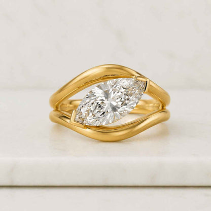 Marquise Bezel Set Engagement Ring, Lab Grown Marquise Diamond Ring Modern Solitaire Ring, Open Bypass Wedding Ring, Minimalist Promise Ring
