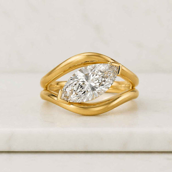 Marquise Bezel Set Engagement Ring, Lab Grown Marquise Diamond Ring Modern Solitaire Ring, Open Bypass Wedding Ring, Minimalist Promise Ring
