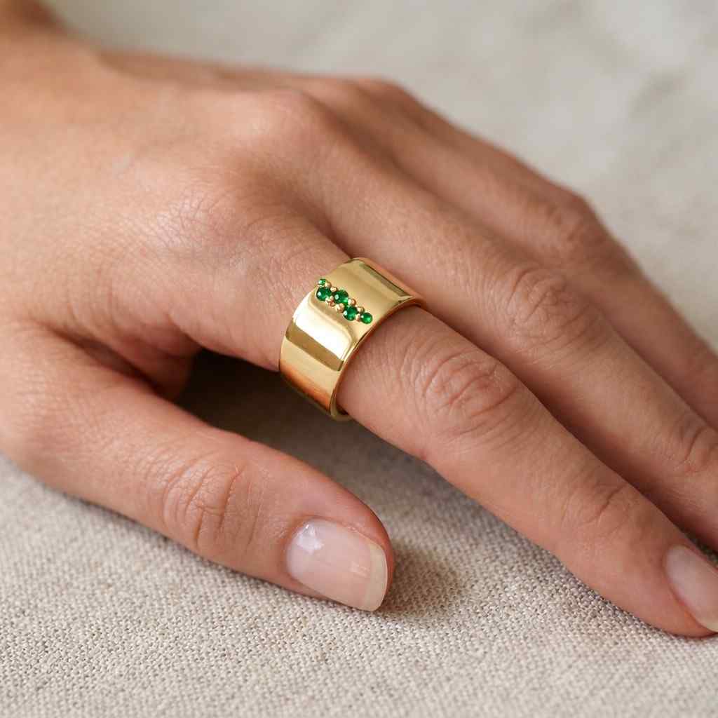 Green Emerald & White Round Engagement Band, Full Eternity Bezel Set Band, Scattered Diamond Cluster Band, 14K Gold Flush Set Stacking Band