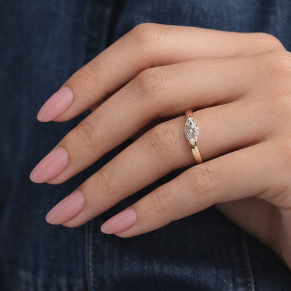 Half Bezel Set Solitaire Wedding Ring/ 14K Solid Yellow Gold East To West Ring/ 1 CT Marquise Cut Colorless Moissanite Engagement Ring
