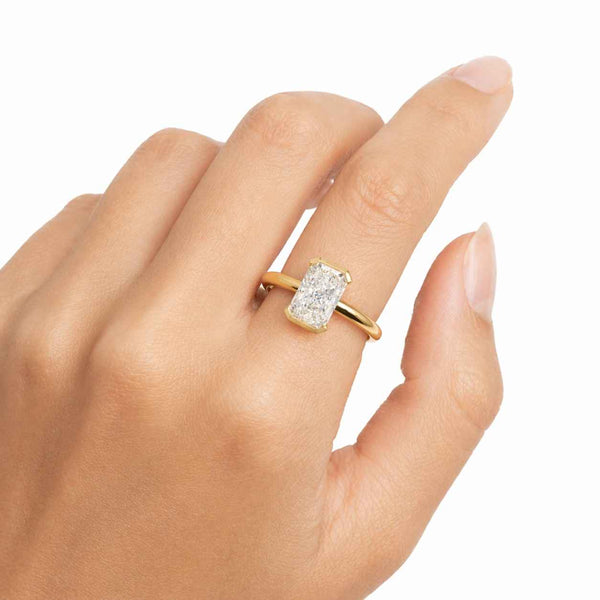 Solid Gold Half Bezel Radiant Cut Moissanite Engagement Ring, Solitaire Ring