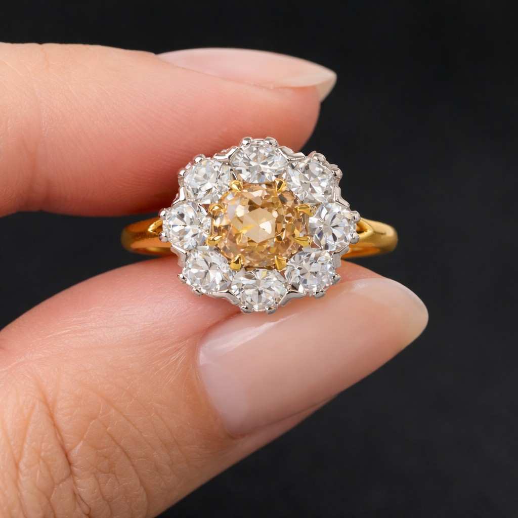 round old european cut moissanite cluster halo engagement ring, flower style wedding ring for her, cathedral set anniversary ring for women