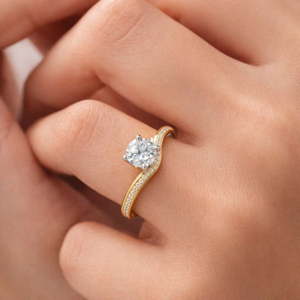 14K Solid Gold Double Tone Round Diamond Engagement Ring Cathedral Style Micro Pave Set Ring for Women Classic Minimal Bridal Proposal Ring