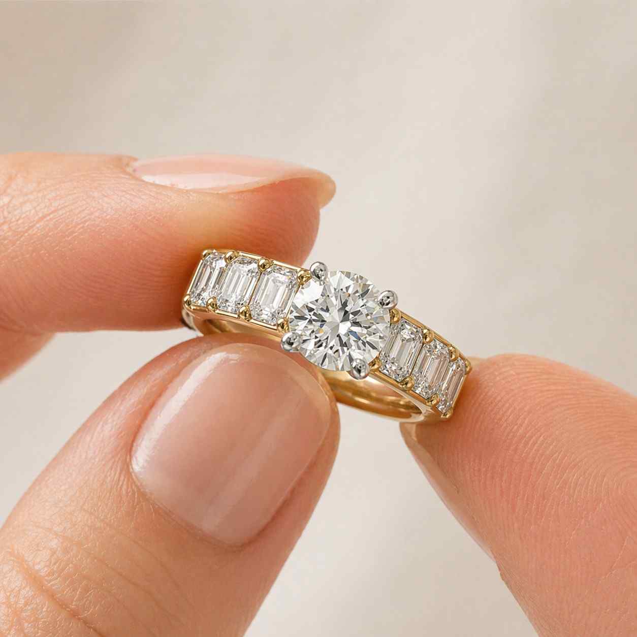 round three stone engagement ring | baguette diamond yellow gold bridal ring
