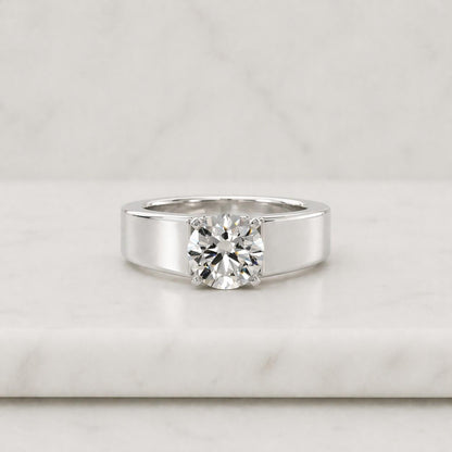 Round Diamond Engagement Ring Brilliant Cut Lab Grown Diamond Ring Wide Band Anniversary Ring Solitaire High Setting Ring Round Diamond Ring