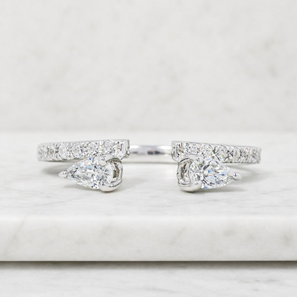 twin pear cut lab made diamond open cuff wedding band / conflict free diamond accent set bridal band / 14k solid gold diamond two stone band
